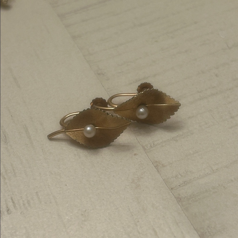 Vintage Krementz Gold Filled Leaf Earrings, Faux Pearl Screw Back